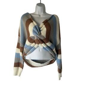 Cute Winter Striped Twist Front V Neck Long‎ Sl Sweater Women's Large Feminine